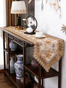 HXARTMIS 1pc Elegant Lace Table Runner, Luxury Sequin 3D Embroidered With Lace Trim, Decorative Table Cloth For Party, Home, Dining Table, Tea Table, Made Of Polyester Fiber, Heat Resistant And Durable, Non-Slip And Odorless, Suitable For Christmas, Halloween, New Year And Other Holiday Decorations, Best Gift, Multiple Sizes Available - Brown - View 3