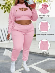 CALEBGAR Plus Size Women's Three-Piece Fleece-Lined Tracksuit, Includes Hoodie, Vest, And Long Track Pants |   Autumn/Winter Loose-Fit Casual Tracksuit |   Streetwear Sporty Style - Hồng - Xem 1