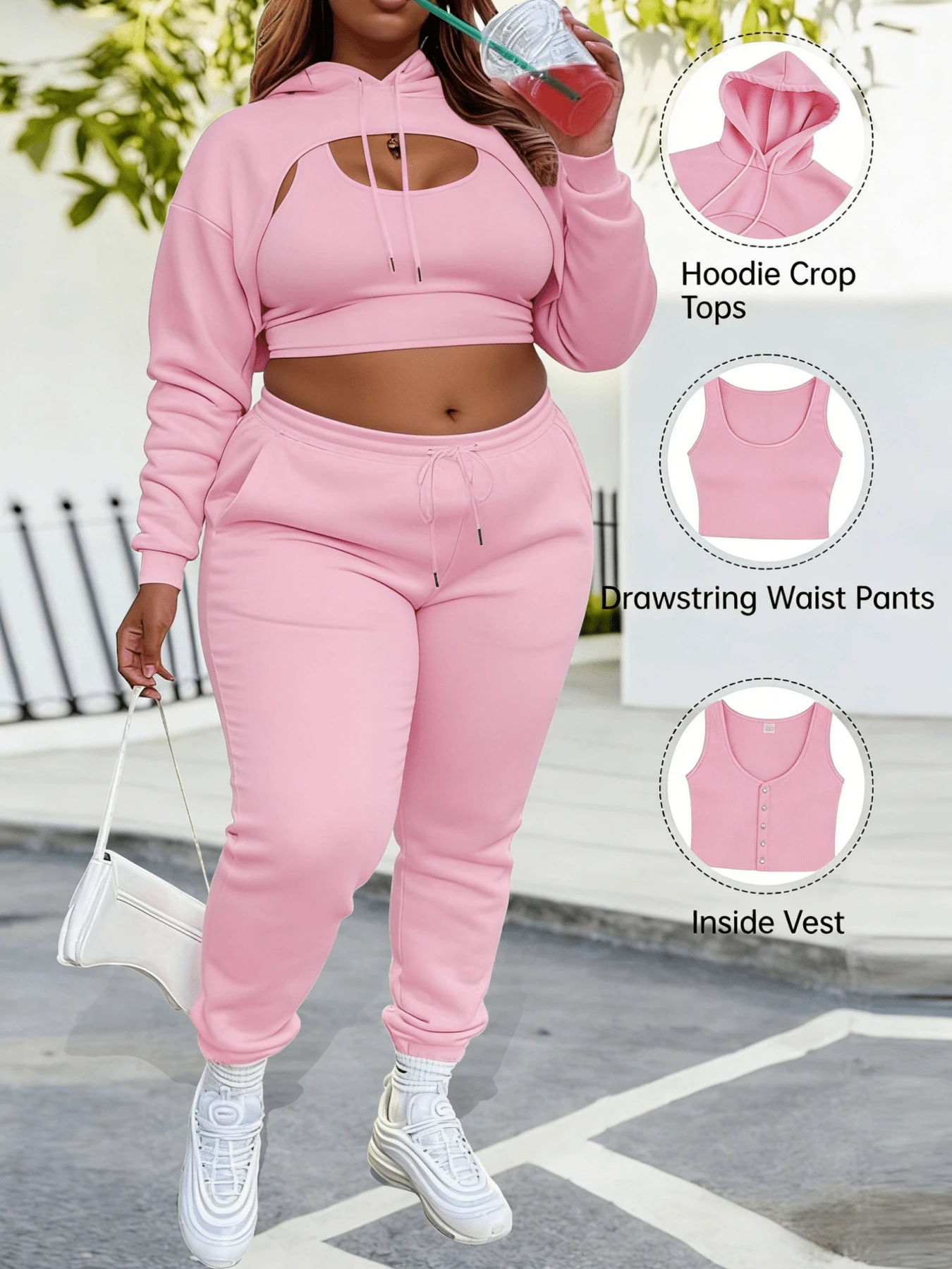 CALEBGAR Plus Size Women's Three-Piece Fleece-Lined Tracksuit, Includes Hoodie, Vest, And Long Track Pants | Autumn/Winter Loose-Fit Casual Tracksuit | Streetwear Sporty Style - Hồng - Xem 1