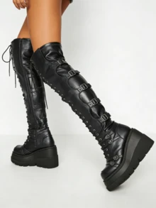 Goth Over Knee Boots For Women Black Platform Chunky Heel Boots Thigh High Goth Y2K Boots Rave Motorcycle Boots With Buckles Side Zip Lace Boots For Christmas Halloween - 黑色 - 查看 7