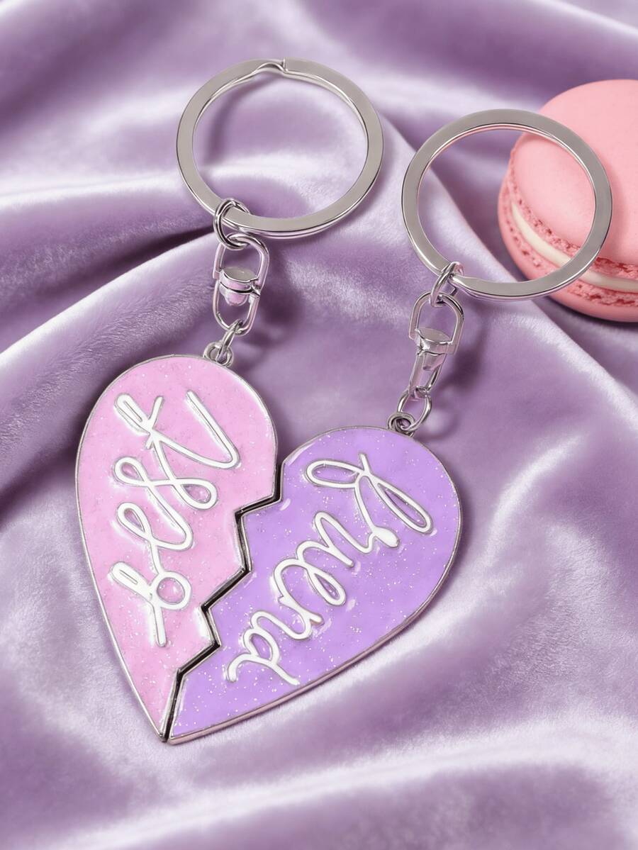 1 Pair Ombre Heart Shaped Pendant Keychain, Best Friends Couple Matching Keyring Bag Charm - Pink + Purple - View 1