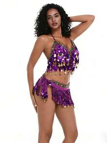Belly Dance Costume Set Halter Neck Sequin Tassel Bra & Hip Scarf Performance Outfit - Multicolor - View 25