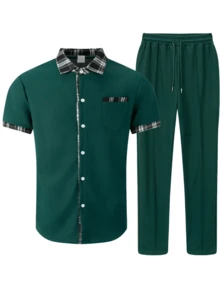 2pcs Men's Casual Plaid Pattern Single-Breasted Collared Shirt + Pants Set, Suitable For Spring/Summer Daily Outings, Dates, Vacations - 墨綠色 - 查看 3