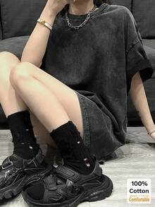 水洗超大黑色长袖T恤，女士款，宽松复古时尚休闲夏季款 - 黑色 - 查看 4