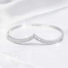 Women's Bracelet In 925 Sterling Silver In A V Shape, Set With Cubic Zirconia And Plated In 18K Gold. - Silver - View 5