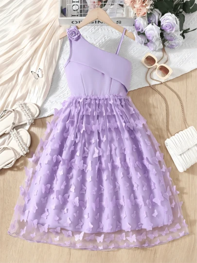 Vestido de princesa elegante con flores para fiesta de cumpleaños de niñas, nuevo vestido de princesa con aplicaciones de mariposas 3D de malla, adecuado para banquetes, fiestas, bailes y otras ocasiones