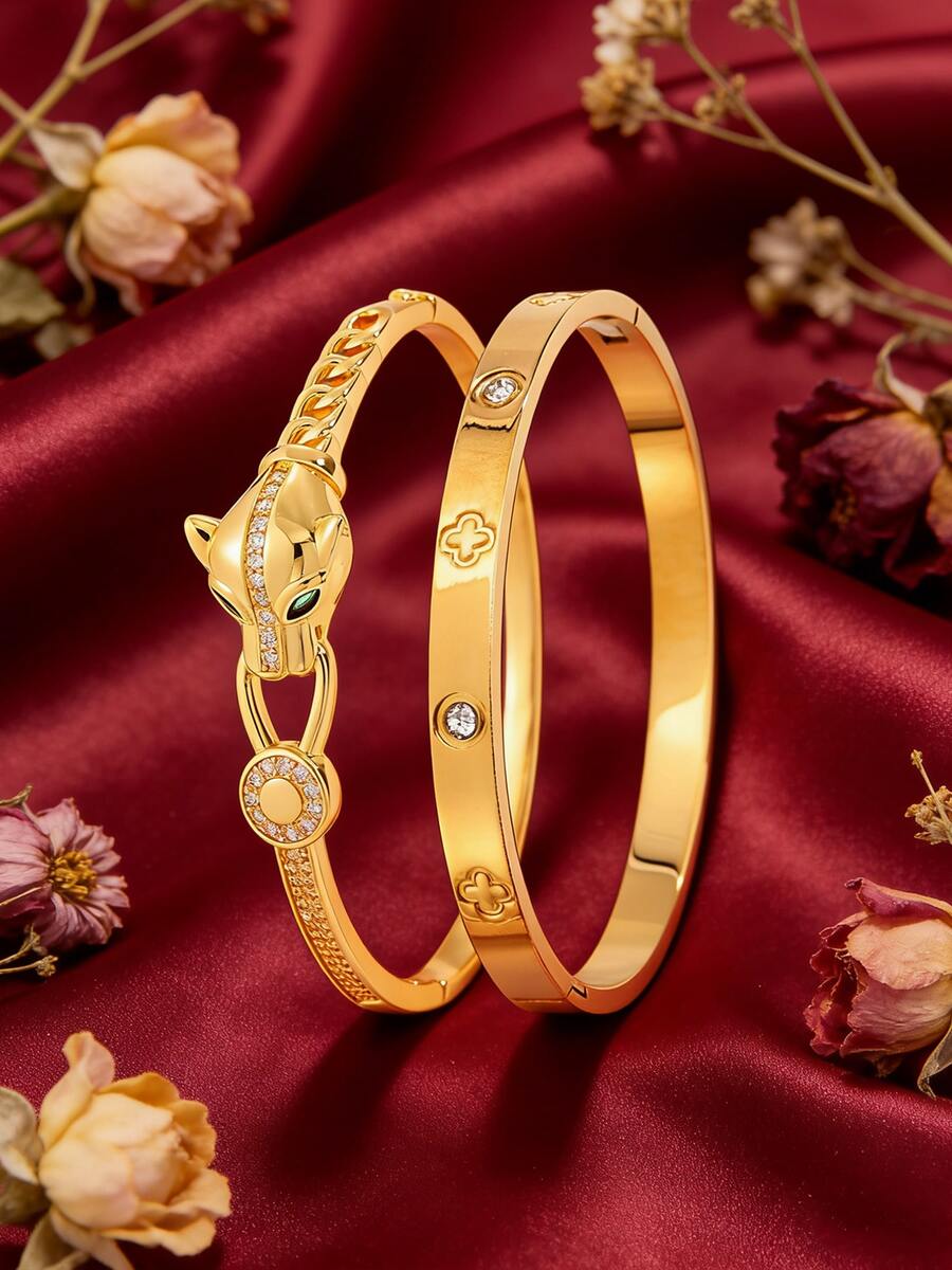2 Pcs - Luxurious Combination Of A Copper Bracelet And A Stainless Steel Bracelet. The Leopard Head Design Is Set With Cubic Zirconia. The Bracelet Features A Multi-Style Stainless Steel Bangle With A Lustrous Gold Base, Sparkling And Dynamic. Suitable For Various Styles, It's Perfect For Everyday Wear And Festive Occasions, Making It The Perfect Valentine's Day Gift. - Gold 5 - View 1