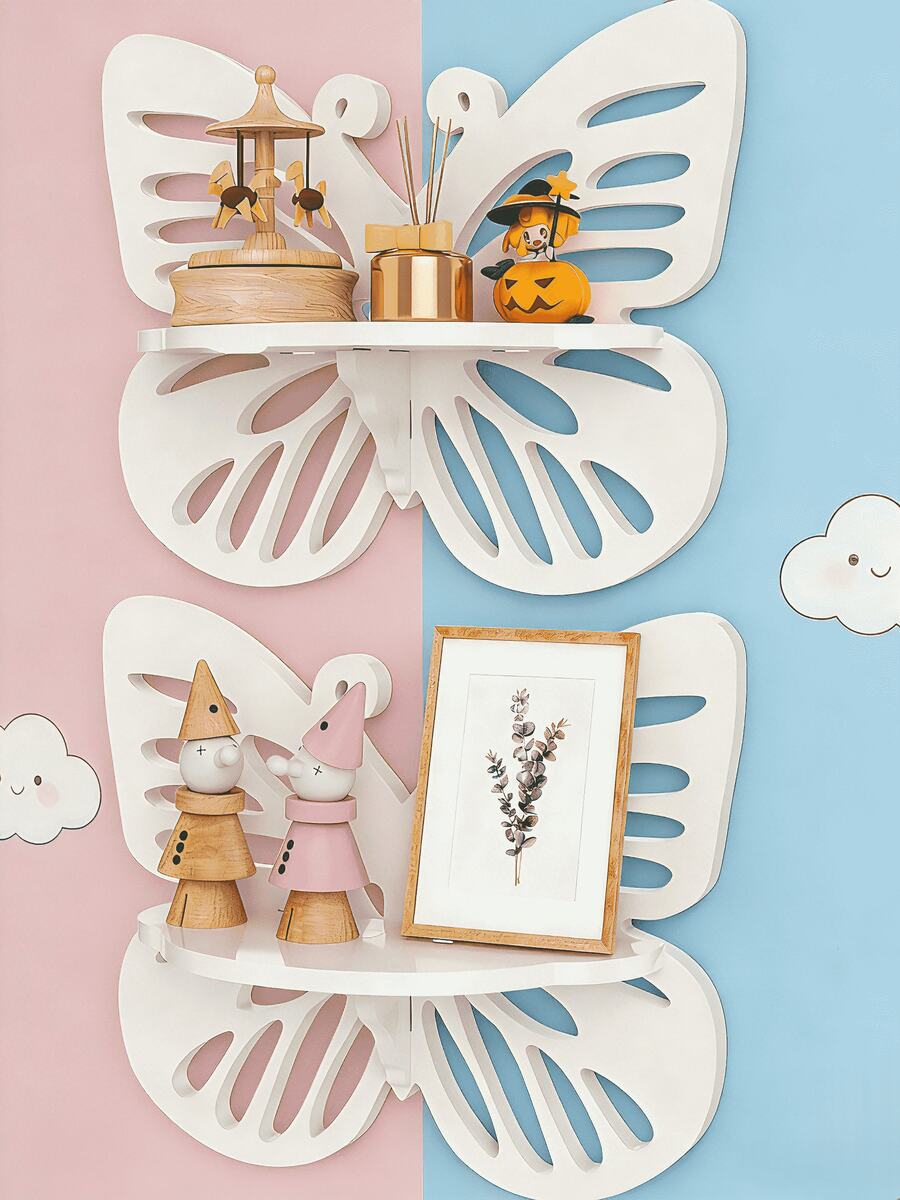 2pc Butterfly Shaped Nursery Wall Deor Floating Shelf, Cute Wall Display Rack For Kid's Room, Small Decorative Shelf Wall Mounted - 白色 - 查看 1
