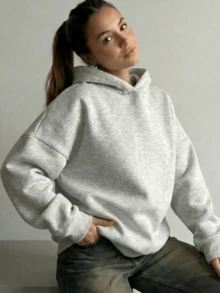 Minimalist Design Women Loose Fit Long Sleeve Pullover Sweatshirt, Suitable For Autumn, Winter, Spring, Casual Wear, Halloween Costume, Gray Sweatshirt, Fashion - Light Grey - View 4