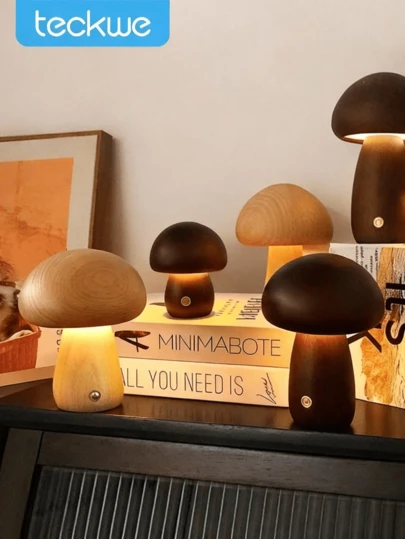 Teckwe Träsvamplampa, bärbar sladdlös lampa med pekskärm, sänglampa, dimbar bordslampa i valnöt/bokträ med varm färg, steglös dimning av nattlampa för födelsedagspresenter