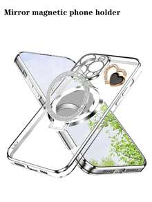 1 Set Heart-Shaped Diamond + New CD Pattern Foldable Holder + Electroplated Protective Phone Case, Suitable For Infinix Zero 30/Pop/Camon/Smart Series, 11/12/13/14/15 Pro Max, S22/23/24+, OPPO, VIVO, Redmi 13C+, Moto G, Redmi Note 13C/12/11 Pro, Enjoy 20/30/40/50/60/70, HONOR 90/80/70/60/50/X9/X8/X7/X6/X5, Anti-Fall New Electroplating Craftsmanship - Silver - View 1