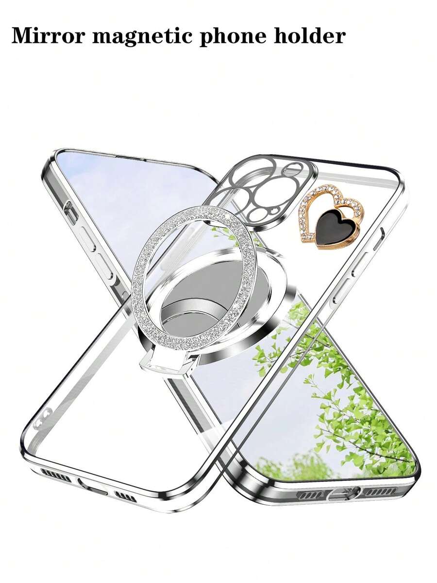 1 Set Heart-Shaped Diamond + New CD Pattern Foldable Holder + Electroplated Protective Phone Case, Suitable For Infinix Zero 30/Pop/Camon/Smart Series, 11/12/13/14/15 Pro Max, S22/23/24+, OPPO, VIVO, Redmi 13C+, Moto G, Redmi Note 13C/12/11 Pro, Enjoy 20/30/40/50/60/70, HONOR 90/80/70/60/50/X9/X8/X7/X6/X5, Anti-Fall New Electroplating Craftsmanship - Silver - View 1