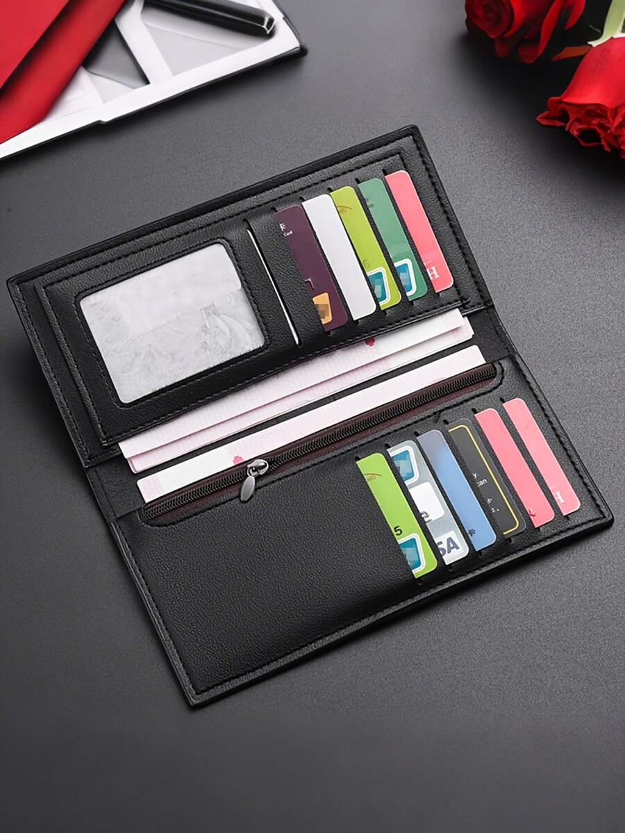 1个男士个性化长款钱包，11个卡位，PU皮革对折钱包，男女通用日常通勤卡包，时尚零钱包旅行证件套