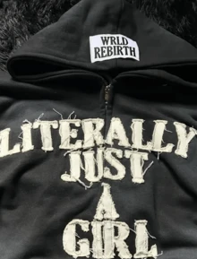 Y2K Zip-Up Hoodie, Harajuku Gothic Pattern Hoodie, StreetStyle Jacket, Loose Sweatshirt For Fall, Winter Clothing  Casual    Polyester    Pocket    Daily - 黑色 - 查看 2