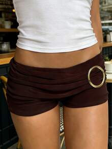 Women's Y2k Ruched Mini Shorts Elastic Waist Low Rise Ruched Design Round Ring Decor Micro Shorts - 咖啡色 - 查看 2