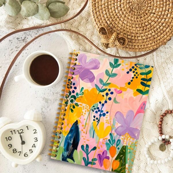 1pc A5 Spiral Bound Notebook, Colorful Floral Illustration Notebook, 50 Sheets/100 Pages Lined Paper, Metal Twin-Wire Binding Notepad Diary Memo Sketchbook, Suitable For Work, School And Daily Writing, Thoughtful Gift For Family And Friends, 14.2*21cm