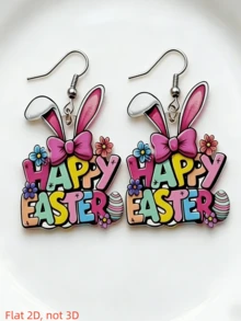 2D复活节兔子耳朵吊坠耳环，可爱兔耳朵设计，扁平亚克力耳环，优雅节日礼物，适合日常和节日佩戴 - A - 查看 7