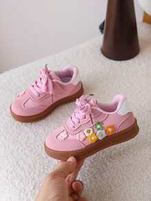 1双女童刺绣花朵休闲运动鞋，软底，透气，春秋季 - 粉色 - 查看 3