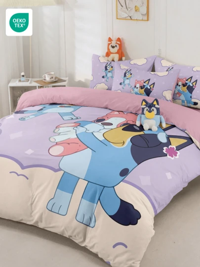 Bluey 2/3 delar Bruie sängkläder, Bruie sängkläder, bekvämt och andningsbart sängkläderset, hudvänligt, Bruie & molnmönster, påslakanset i tecknad stil, mjukt och noppfri, söt hemtextil, påslakan- och örngottset i kallt ton, täcke ingår ej
