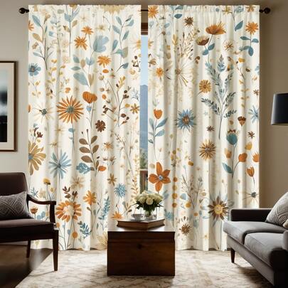 2片装春季花卉乡村风格装饰窗帘 - 采用杆袋式设计，既能保护隐私又方便安装，适用于家居窗户，是现代装饰的理想之选。