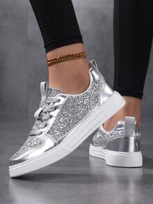 Fashion Outdoor Casual Shoes, City Series, Glitter Design, Commute, Fitness, Travel, Y2K Style Street Style, Round Toe, Low Top, Multi-Functional, Holiday Gift, Women's Sneakers,Fashionable Classic Sequin Women' Shoes. - Silver - View 3