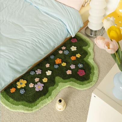 1pc Nature-Inspired Green Floral Irregular Shaped Carpet, Featuring Colorful Small Flowers On Deep Green Grass Background, Suitable For Kitchen, Bedroom, Entryway, Decorative Rug, Bedroom Decor, Small Rug, Carpet, Home Decor, Living Room Rug, Bedroom Rug, Living Room Decor, Outdoor Rug, Washable Rug, Irregular Size With 1-5cm Trimming Tolerance