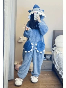 Women's Flannel One-Piece Pajamas For Fall & Winter, Thick Shark Hooded Plush Warm Cartoon Set - Multicolor - View 2