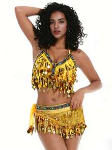 Belly Dance Costume Set Halter Neck Sequin Tassel Bra & Hip Scarf Performance Outfit - Multicolor - View 19