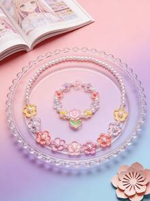 طقم مجوهرات من سوار وقلادة بخرز متعدد الألوان على شكل زهور - تعيين - مشاهدة 8