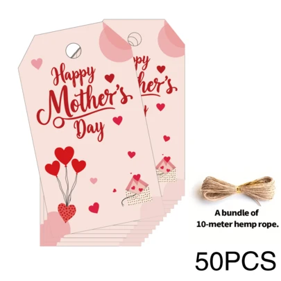 50pcs Mother's Day Gift Tags Cards With Jute Twine, "Happy Mother's Day", Suitable For Holiday Gifts, Gift Bags, Gift Boxes, Gift Wrapping Paper, Scrapbooking, Jars - Durable Paper Tags, Mother's Day Gift Packaging Cards Supplies