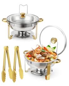 Chafing Dish Buffet Set, 5QT Round Buffet Warmer Set With Glass Dome,316 Stainless Steel Mirror-Polished Round Chafing Dishes For Buffet,Small Chafing Dishes For Buffet  For Home Parties, Valentine's Day Gatherings, Catering Events - 圓形-玻璃蓋帶梅花夾-2 - 查看 12