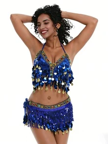 Belly Dance Costume Set Halter Neck Sequin Tassel Bra & Hip Scarf Performance Outfit - Multicolor - View 17
