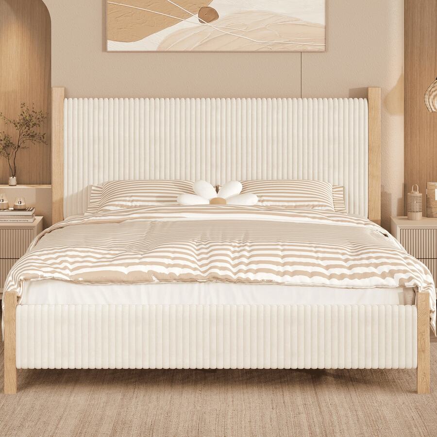 Queen Bed Frame With Headboard, Upholstered Bed Frame With Wooden Headboard And Footboard Support, No Box Spring Needed, Easy Assembly, Full/ Queen/ King, Beige/ White/ Black - 米色 - 查看 1
