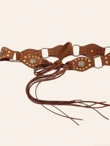 Vintage Western Rivet Belt, Bohemian Style Leather Belt For Skirts And Pants, Brown, Bohemian Linen Waist Belt, Suitable For All Seasons - Brown - View 2