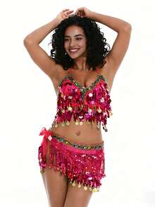 Belly Dance Costume Set Halter Neck Sequin Tassel Bra & Hip Scarf Performance Outfit - Multicolor - View 20