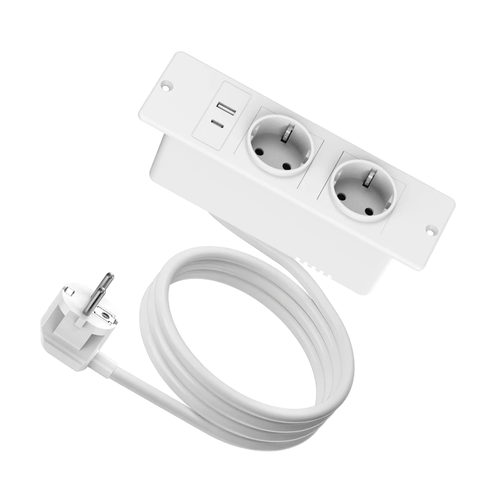 4-In-1 Surge Protected Power Strip, 2 AC Outlets, 1 USB-A Port, 1 USB-C Port, 1.5m Extension Cord, Suitable For Travel, Home, Kitchen, Office, University, Dorm, Room, Black & White - EU E Type Plug(220-240V) - View 1