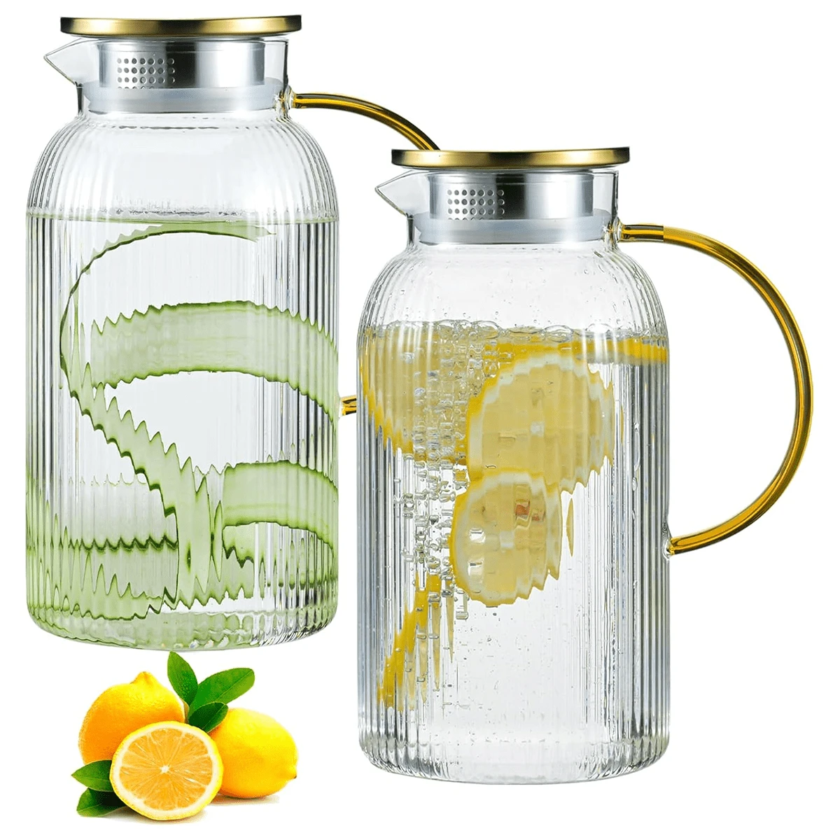 2PCS Glass Pitchers With Lids, 68oz/2L Classic Vertical Stripe Pitchers, Glass Pitchers With Handles, Suitable For Cold Brew Coffee, Lemonade, Iced Sun Tea And Other Beverages, Heat Resistant - 無色 - 查看 1