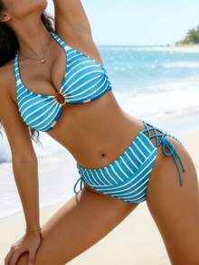 Women's 2 Piece Swimsuits Striped Print High Cut Bikini Set Summer Bathing Suits - Blue - View 4