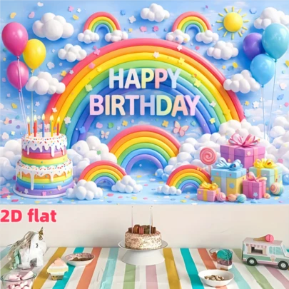 1PC,2D Flat,Rainbow Sun Birthday Background Cloth, Rainbow Arches, Polyester Material, Suitable For Living Room, Bedroom, Office, Birthday, Anniversary, Home Decoration, Outdoor And Indoor Parties, Photography Background Cloth, Birthday Party Supplies