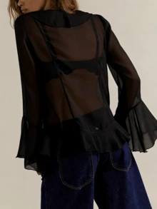 Women's Y2k Ruffled Sheer Chiffon Blouse Flared Long Sleeve V Neck Open Front See Trough Mesh Shirt Top Loose Fit Flowy Coquette Top Streetwear - màu đen - Xem 3