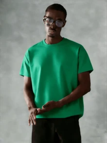 Oversized Boxy Cut Short Sleeve Jersey T Shirt Casual Crop Fit Streetwear Modern Minimalist All Season Essential Top-Comfortable Retro Cotton T-Shirt-K912026 New Men's Spring/Summer Casual Resort Wear Versatile Pure Cotton T-Shirt - 綠色 - 查看 11