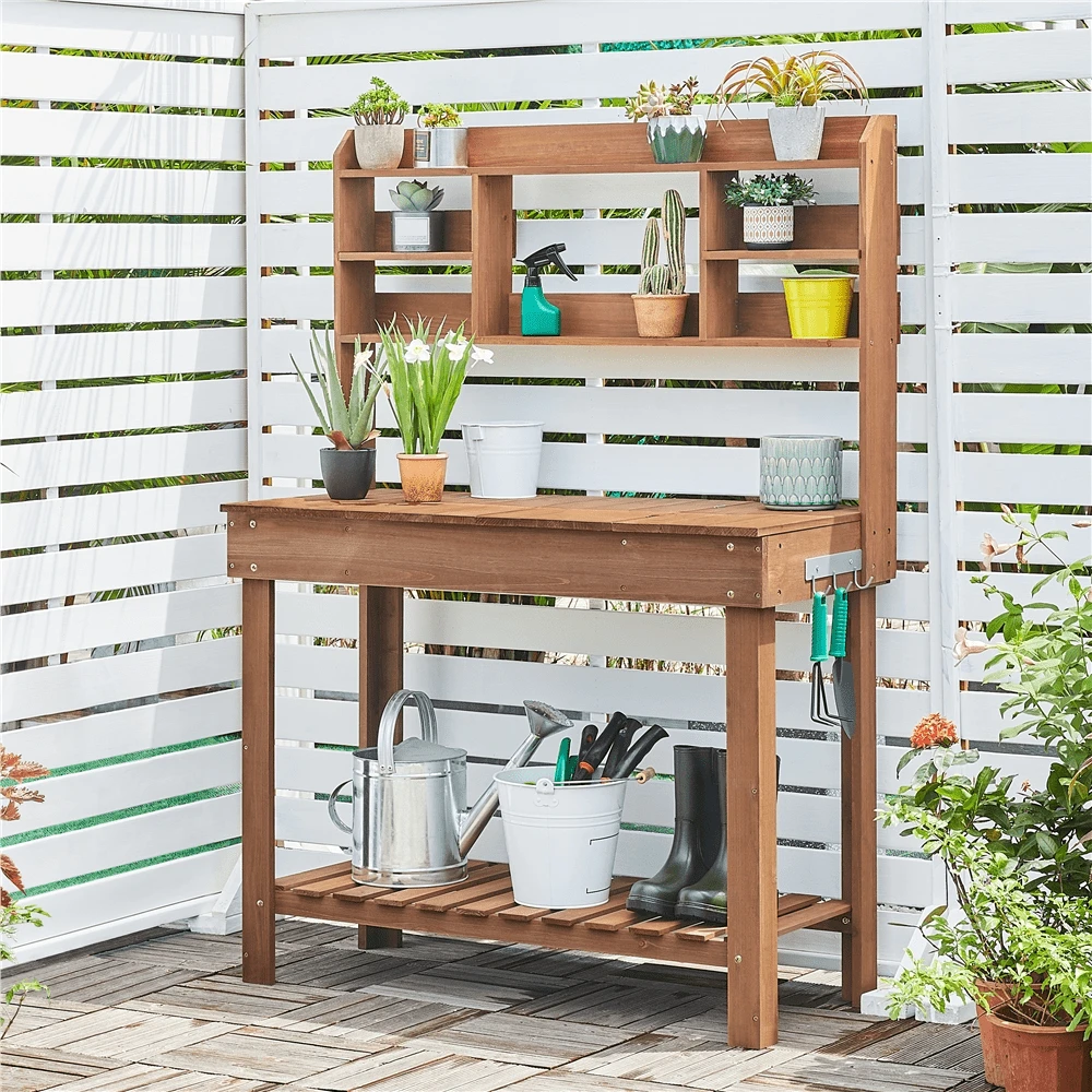 Butterslay Waist-Height Potting Bench Natural Fir Gardening Table With Sliding Tabletop & Storage Shelf Planting Table Garden Workbench For Backyard Greenhouse Patio Brown - Brown - View 1