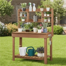 Butterslay Waist-Height Potting Bench Natural Fir Gardening Table With Sliding Tabletop & Storage Shelf Planting Table Garden Workbench For Backyard Greenhouse Patio Brown - Brown - View 2