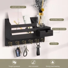 1 PC Keychain Wall-Mounted Type: Wall Key And Letter Holder, With 6 Hooks And Storage Drawer, Wooden Wall-Mounted Type, Mailbox Envelope Rack, Entrance Hall Key Rack, Wall-Mounted Bedroom Closet Rack, Solid Wood Storage Rack, Convenient For Installing Key Rack For Home Decoration At The Entrance. - Multicolor - View 6