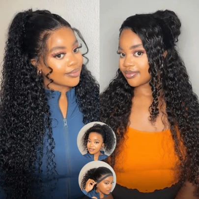 ZHENDEFA 360 Degree Lace Front Invisible Wig, 200 Density Curly Human Hair Wig With Invisible Pull Cord, Wet Wave Lace Front Wig With Natural Hairline For Women