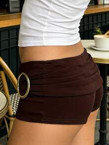 Women's Y2k Ruched Mini Shorts Elastic Waist Low Rise Ruched Design Round Ring Decor Micro Shorts - 咖啡色 - 查看 3