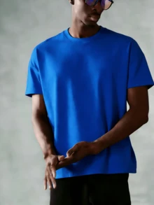 Oversized Boxy Cut Short Sleeve Jersey T Shirt Casual Crop Fit Streetwear Modern Minimalist All Season Essential Top-Comfortable Retro Cotton T-Shirt-K912026 New Men's Spring/Summer Casual Resort Wear Versatile Pure Cotton T-Shirt - 藍色 - 查看 2