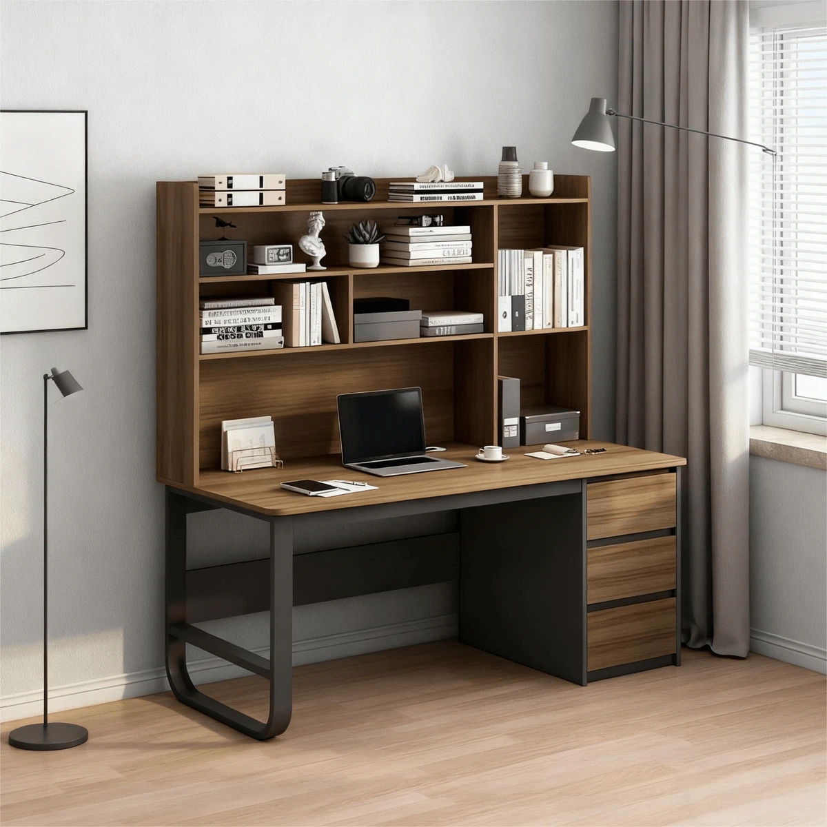 Escritorio Moderno Para Computadora con 3 Cajones - Adecuado para oficina en casa - Marrón - Ver 1