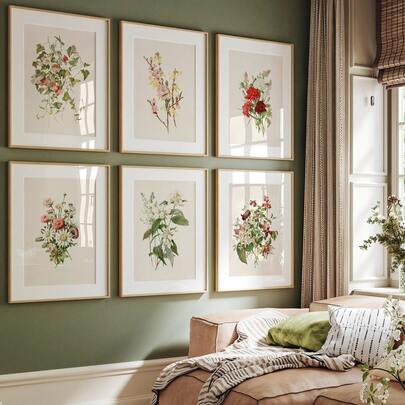 Set Of 6 Unframed Vintage Flower Botanical Canvas Posters, Minimalist Floral Gallery Wall Art, Farmhouse Prints, Aesthetic Room Decor, Waterproof Canvas Wall Art, Artwork Wall Painting For Gift, Wall Picture For Living Room, Bedroom, Dining Room