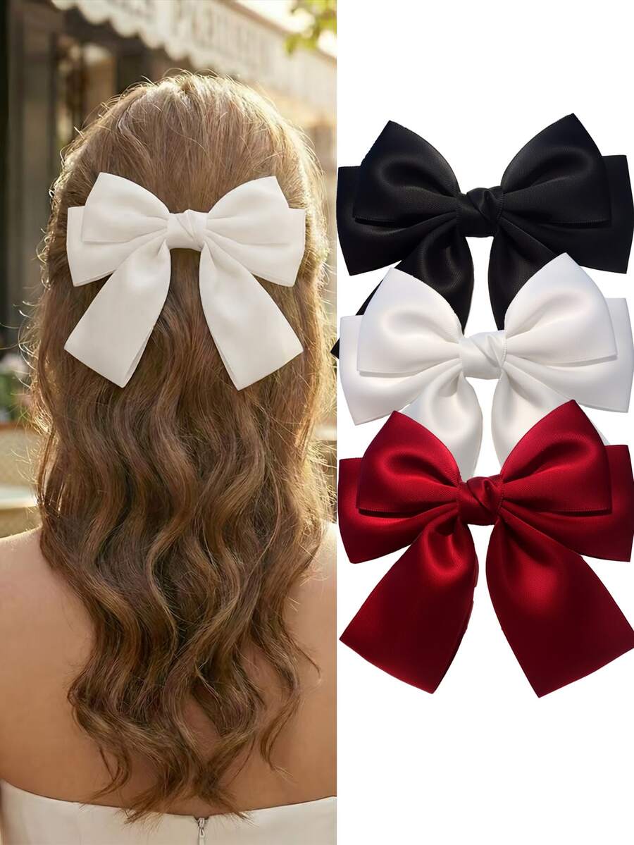 Bộ 3 kẹp tóc nơ satin cỡ lớn dành cho phụ nữ và bé gái, kẹp tóc kiểu Pháp ngoại cỡ với nơ satin dài, phụ kiện tóc thanh lịch mang phong cách retro, phù hợp cho đám cưới, tiệc tùng và sử dụng hàng ngày (Nơ đen, nơ trắng, nơ đỏ) - Nhiều màu - Xem 1